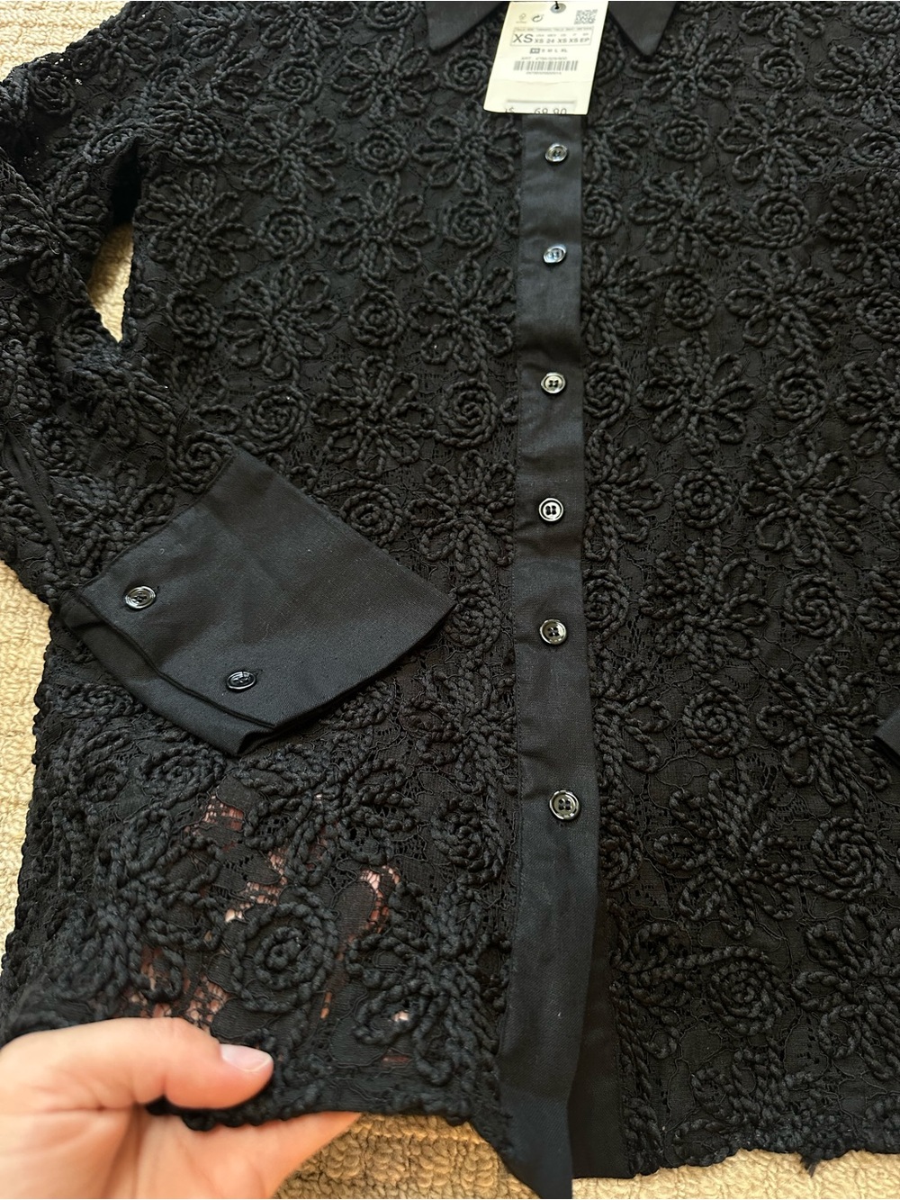 Zara NWT Black Floral Embroidered Lace Sheer Blouse Shirt Sz XS - Picture 3 of 5